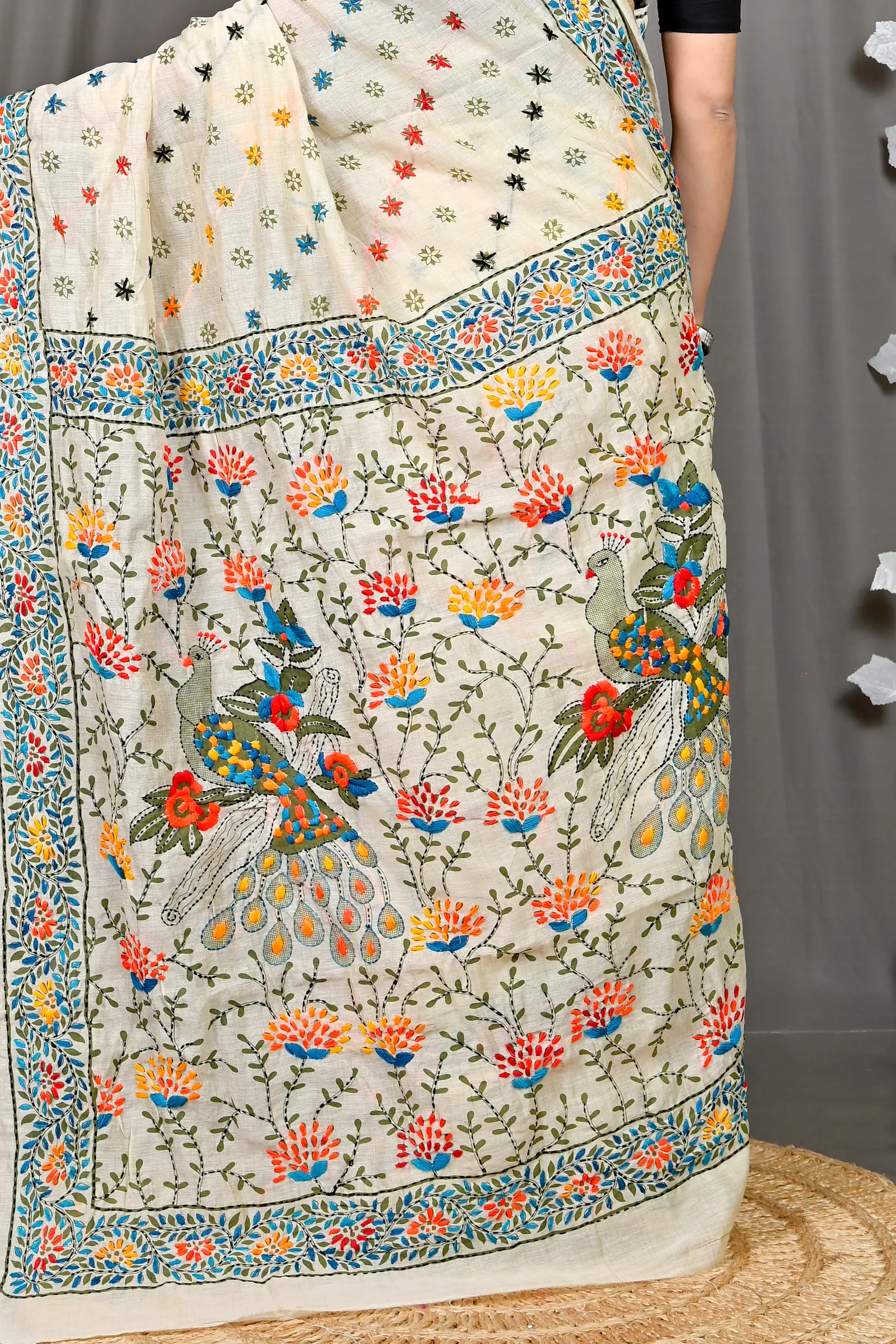 White Cotton Varitikath Kantha Stitch Saree (599)